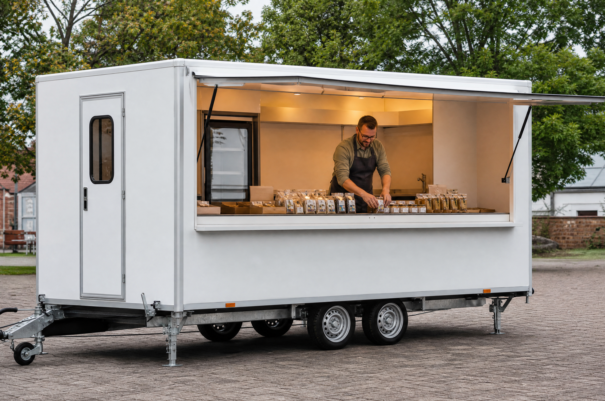 KI-generierte illustrative Darstellung zum Ratgeberthema Verkaufsanhänger planen: Arbeitsablauf, Ausstattung und Standplatz abstimmen